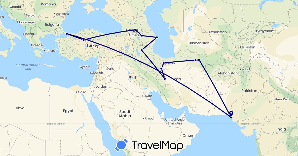TravelMap itinerary: driving in Azerbaijan, Georgia, Iran, Pakistan, Turkey (Asia)