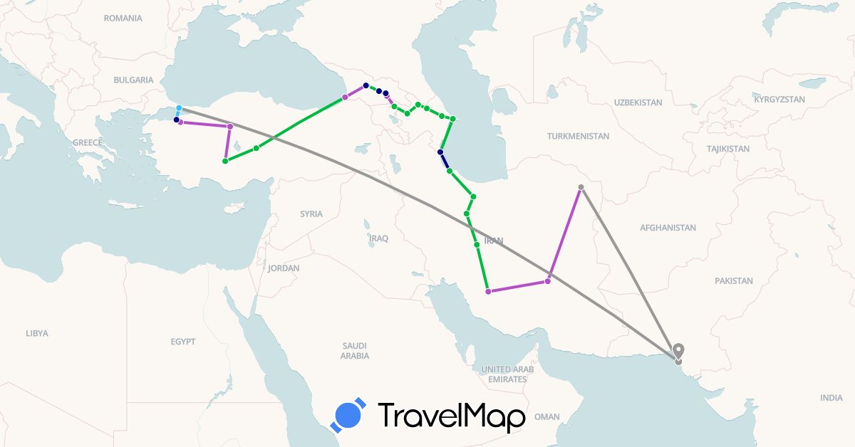 TravelMap itinerary: driving, bus, plane, train, boat in Azerbaijan, Georgia, Iran, Pakistan, Turkey (Asia)